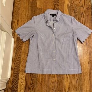 Banana Republic | Petite Scallop Trim Button Down Blouse | Blue Stripe | PS